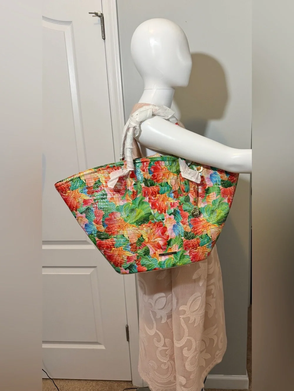 Brahmin Mira Taffy Melbourne Tote Bag Floral Leather Dust Bag NWT